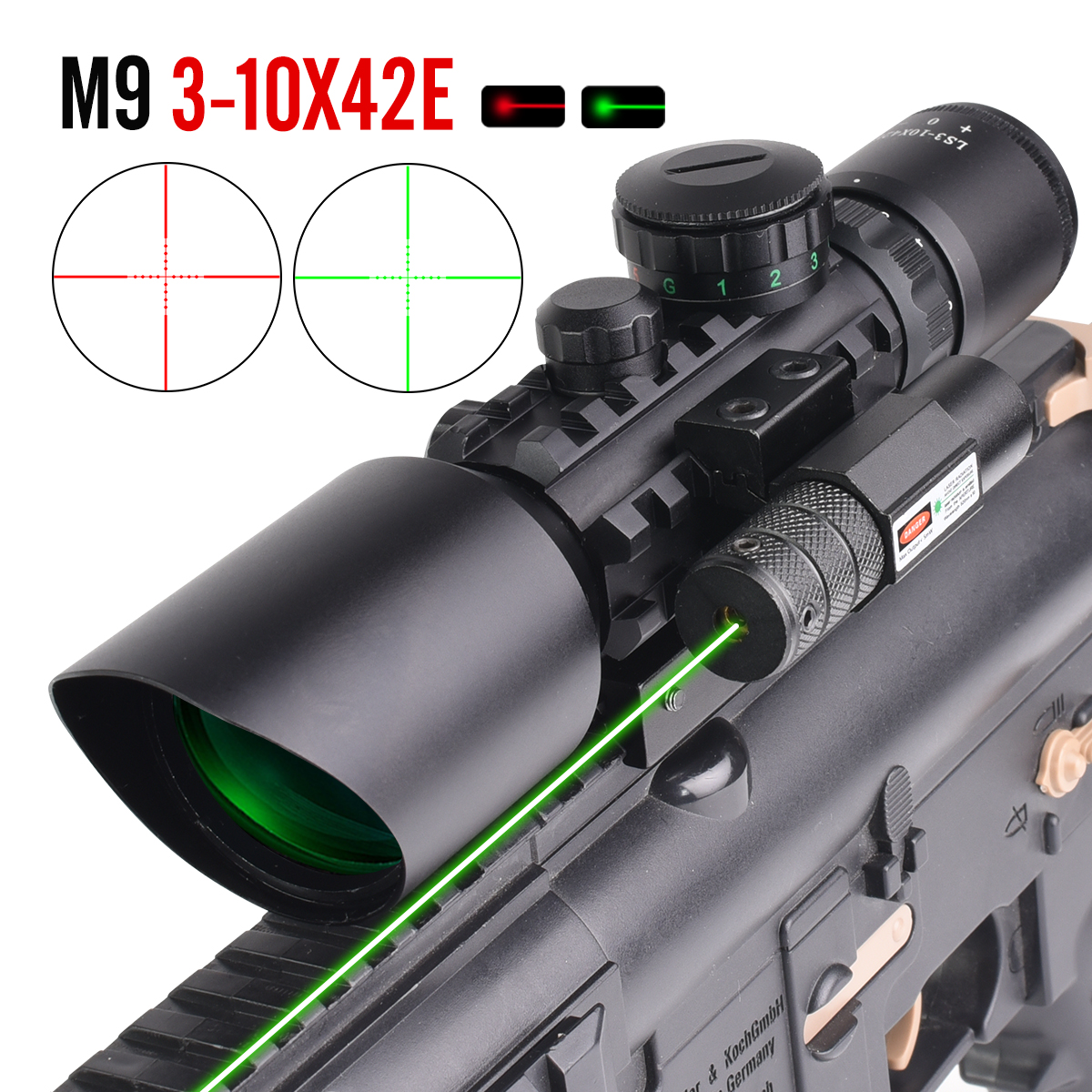 Crossbow Scope Sight - 3-10X42E Tactical Scope M9 W/Red/Green Lase